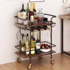 2 Tiers Bar Cart On Wheels (Color: Black)